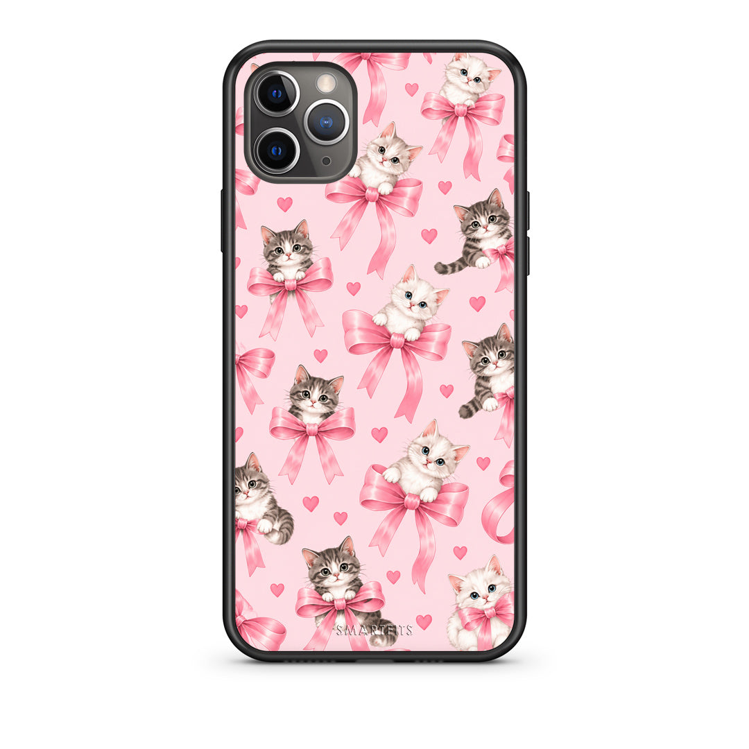 Θήκη iPhone 11 Pro Kittens and Pink Bows on Pink από τη Smartfits με σχέδιο στο πίσω μέρος και μαύρο περίβλημα | iPhone 11 Pro Kittens and Pink Bows on Pink case with colorful back and black bezels