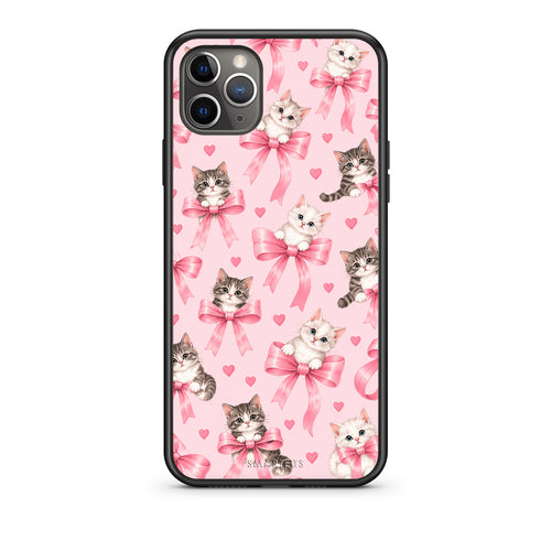 Θήκη iPhone 11 Pro Kittens and Pink Bows on Pink από τη Smartfits με σχέδιο στο πίσω μέρος και μαύρο περίβλημα | iPhone 11 Pro Kittens and Pink Bows on Pink case with colorful back and black bezels