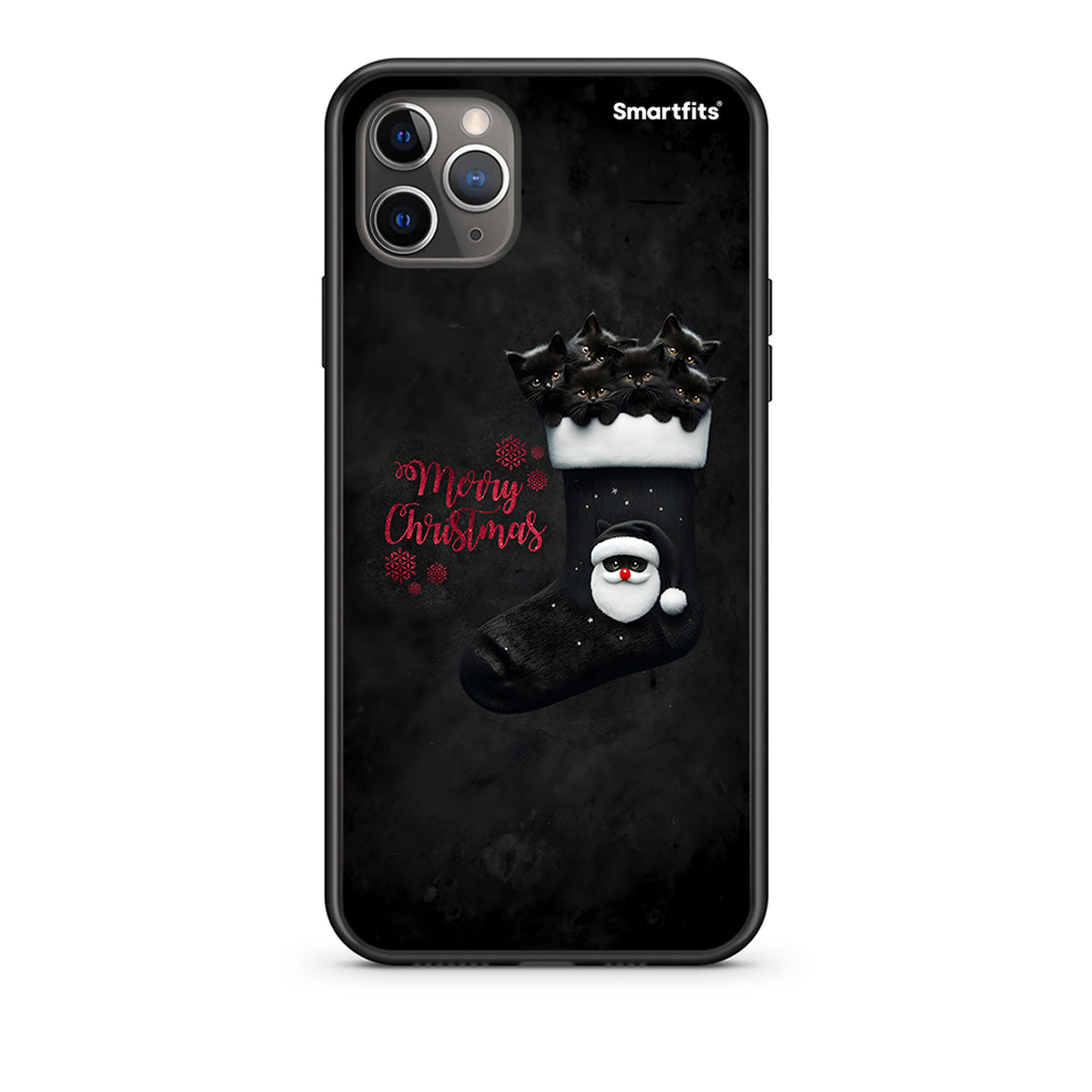 iPhone 11 Pro Max Merry Cat Christmas Θήκη από τη Smartfits με σχέδιο στο πίσω μέρος και μαύρο περίβλημα | Smartphone case with colorful back and black bezels by Smartfits