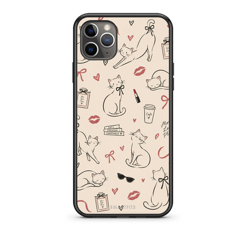Θήκη iPhone 11 Pro Minimal Cat and Fashion Doodles on Cream από τη Smartfits με σχέδιο στο πίσω μέρος και μαύρο περίβλημα | iPhone 11 Pro Minimal Cat and Fashion Doodles on Cream case with colorful back and black bezels