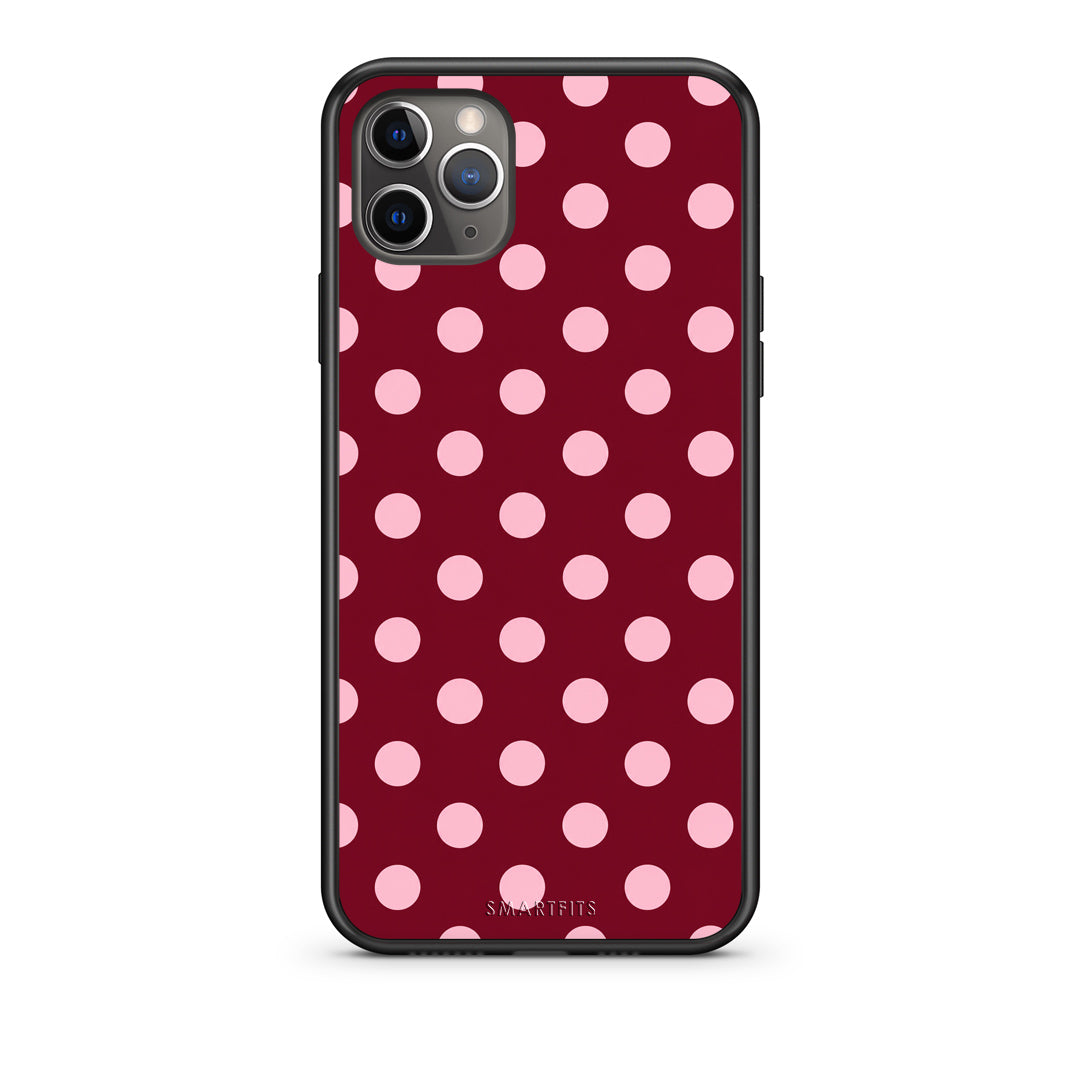 Θήκη iPhone 11 Pro Pink Polka Dots on Burgundy από τη Smartfits με σχέδιο στο πίσω μέρος και μαύρο περίβλημα | iPhone 11 Pro Pink Polka Dots on Burgundy case with colorful back and black bezels