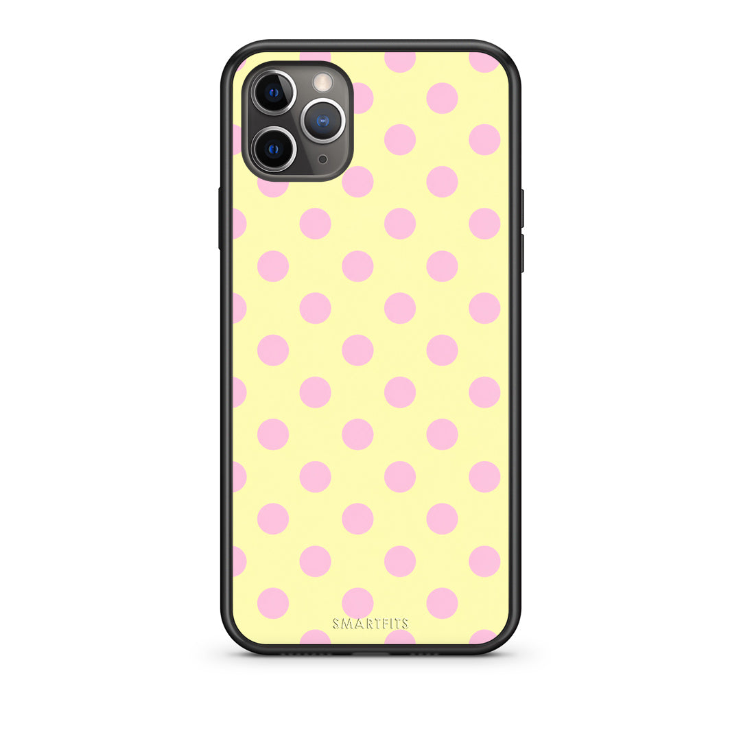 Θήκη iPhone 11 Pro Pink Polka Dots on Yellow από τη Smartfits με σχέδιο στο πίσω μέρος και μαύρο περίβλημα | iPhone 11 Pro Pink Polka Dots on Yellow case with colorful back and black bezels