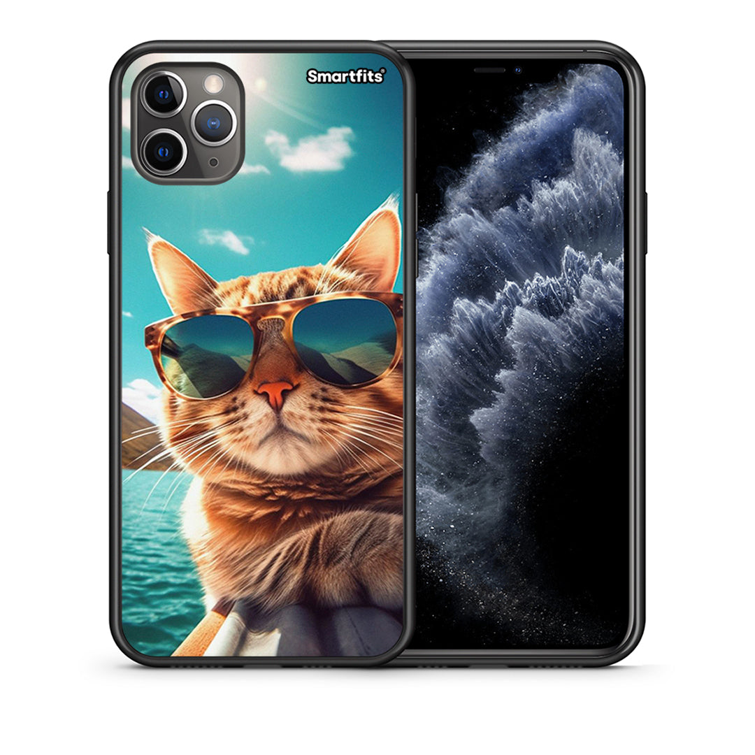 Θήκη iPhone 11 Pro Max Summer Cat από τη Smartfits με σχέδιο στο πίσω μέρος και μαύρο περίβλημα | iPhone 11 Pro Max Summer Cat case with colorful back and black bezels