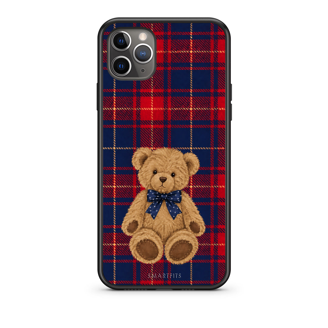 Θήκη iPhone 11 Pro Teddy Bear on Red and Navy Tartan από τη Smartfits με σχέδιο στο πίσω μέρος και μαύρο περίβλημα | iPhone 11 Pro Teddy Bear on Red and Navy Tartan case with colorful back and black bezels