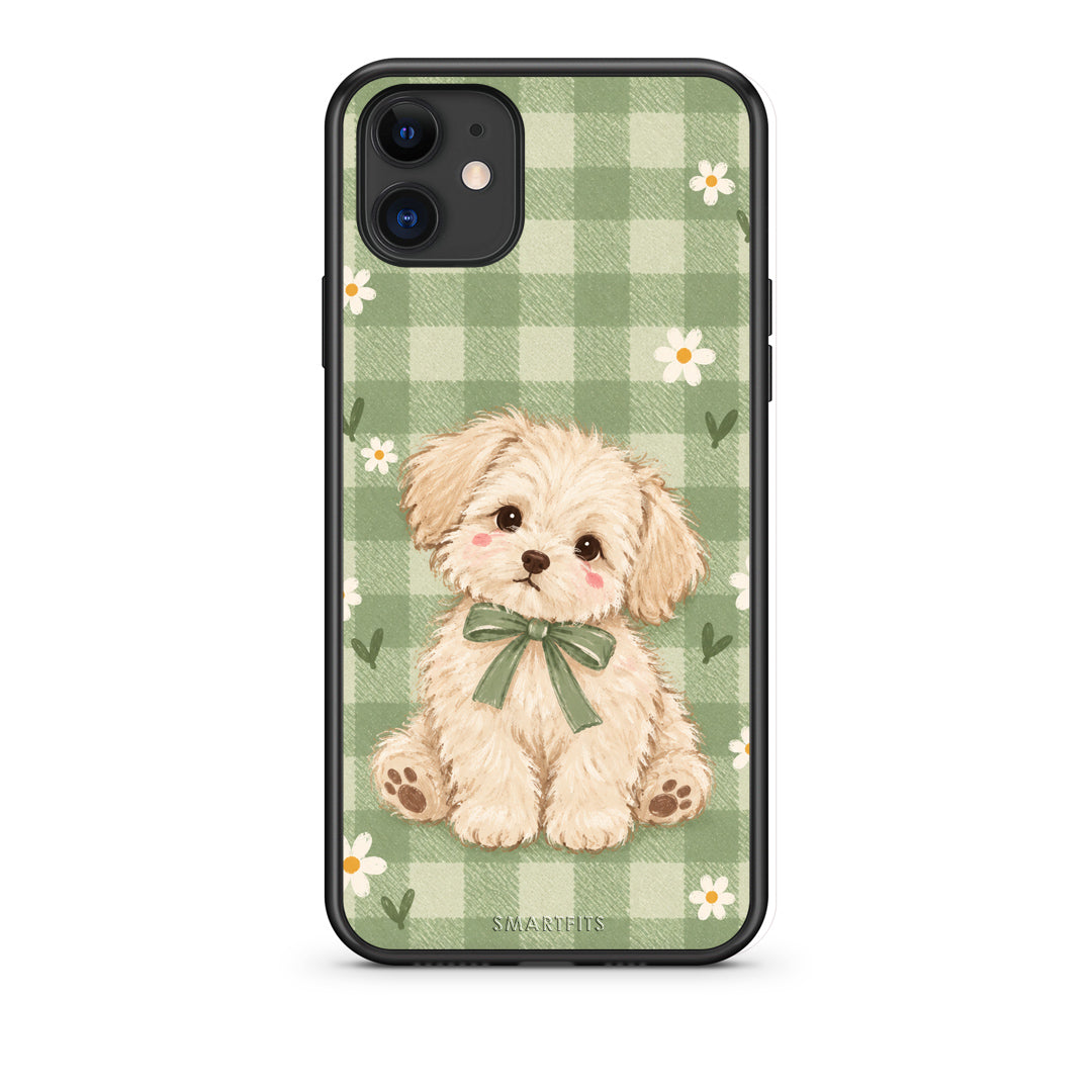 Θήκη iPhone 11 Puppy and Daisies on Sage Gingham από τη Smartfits με σχέδιο στο πίσω μέρος και μαύρο περίβλημα | iPhone 11 Puppy and Daisies on Sage Gingham case with colorful back and black bezels