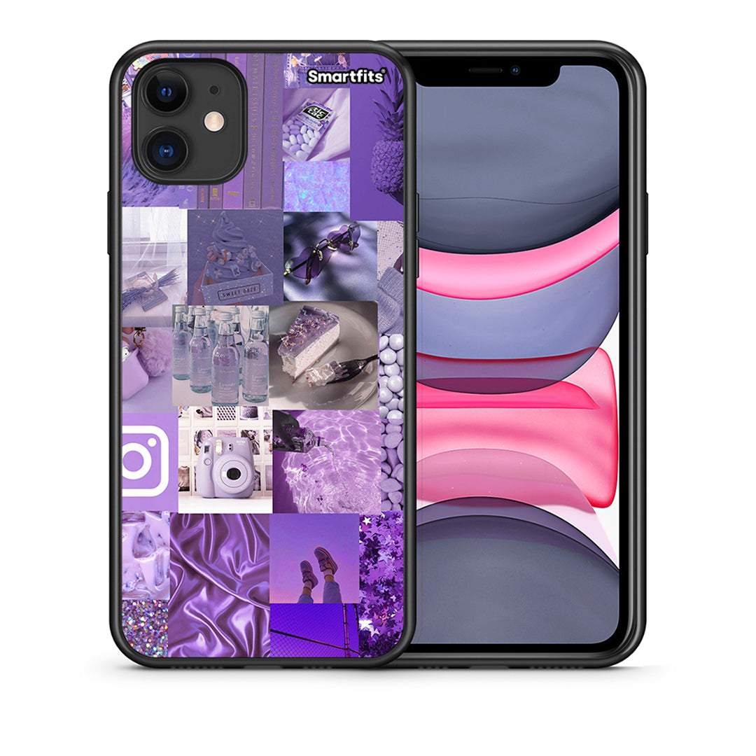 Θήκη iPhone 11 Purple Aesthetic Collage από τη Smartfits με σχέδιο στο πίσω μέρος και μαύρο περίβλημα | iPhone 11 Purple Aesthetic Collage case with colorful back and black bezels