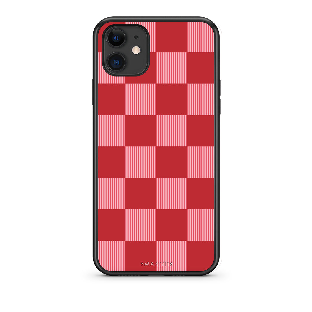 Θήκη iPhone 11 Red and Pink Striped Checks από τη Smartfits με σχέδιο στο πίσω μέρος και μαύρο περίβλημα | iPhone 11 Red and Pink Striped Checks case with colorful back and black bezels