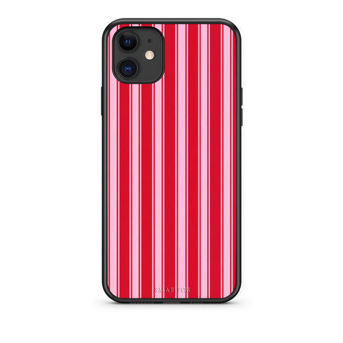 Θήκη iPhone 11 Red and Pink Vertical Pinstripes από τη Smartfits με σχέδιο στο πίσω μέρος και μαύρο περίβλημα | iPhone 11 Red and Pink Vertical Pinstripes case with colorful back and black bezels