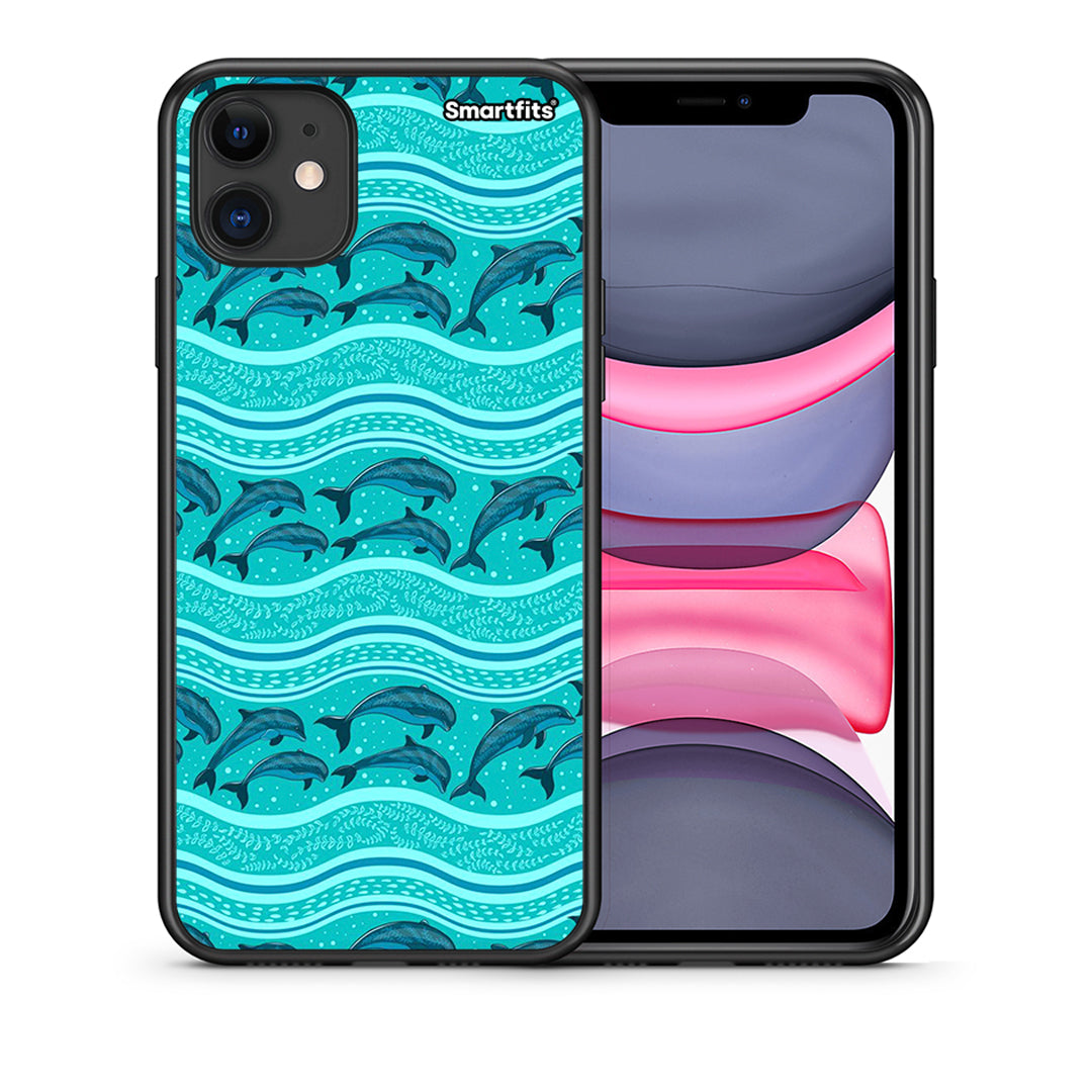 Θήκη iPhone 11 Swimming Dolphins από τη Smartfits με σχέδιο στο πίσω μέρος και μαύρο περίβλημα | iPhone 11 Swimming Dolphins case with colorful back and black bezels