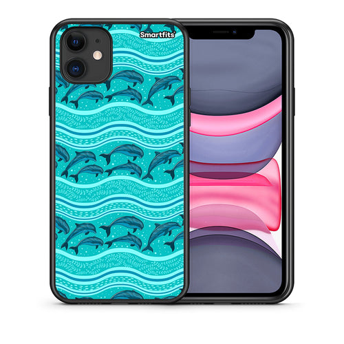 Θήκη iPhone 11 Swimming Dolphins από τη Smartfits με σχέδιο στο πίσω μέρος και μαύρο περίβλημα | iPhone 11 Swimming Dolphins case with colorful back and black bezels