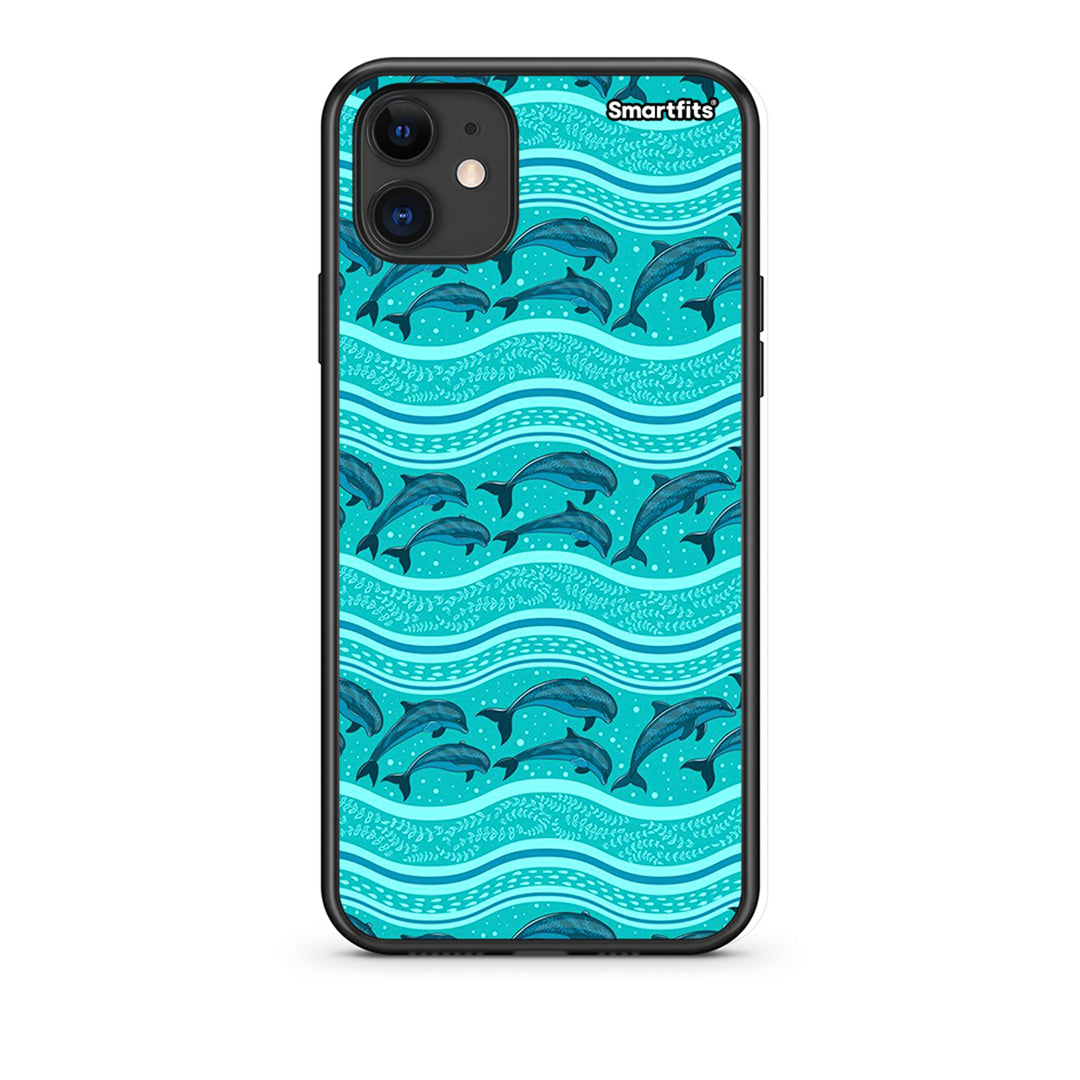 iPhone 11 Swimming Dolphins Θήκη από τη Smartfits με σχέδιο στο πίσω μέρος και μαύρο περίβλημα | Smartphone case with colorful back and black bezels by Smartfits
