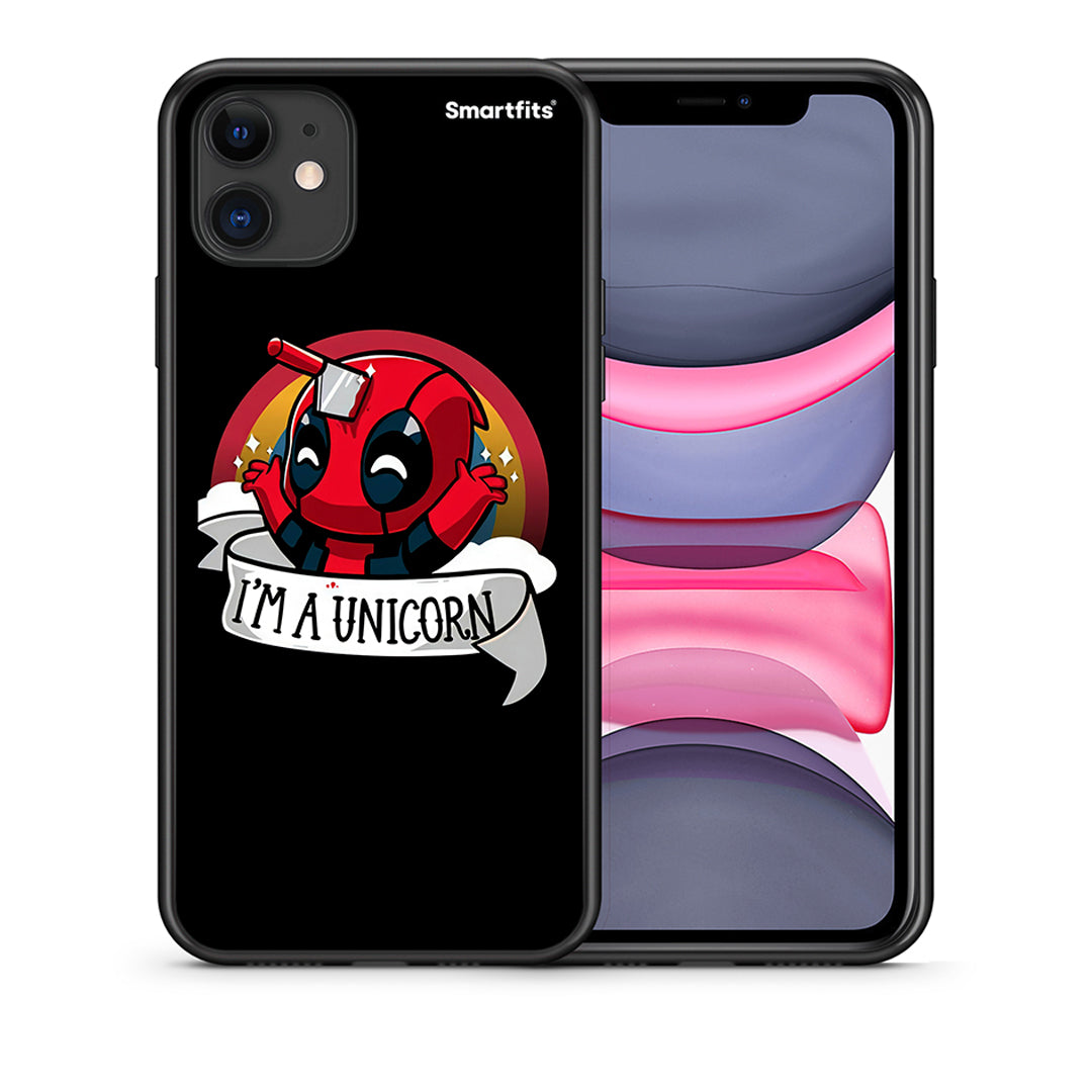 Θήκη iPhone 11 Unicorn Deadpool από τη Smartfits με σχέδιο στο πίσω μέρος και μαύρο περίβλημα | iPhone 11 Unicorn Deadpool case with colorful back and black bezels