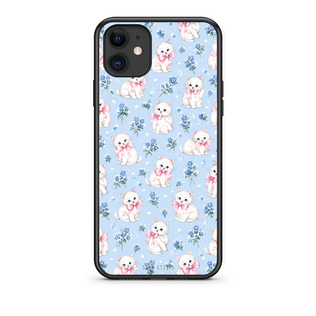 Θήκη iPhone 11 White Kittens and Blue Flowers Small από τη Smartfits με σχέδιο στο πίσω μέρος και μαύρο περίβλημα | iPhone 11 White Kittens and Blue Flowers Small case with colorful back and black bezels