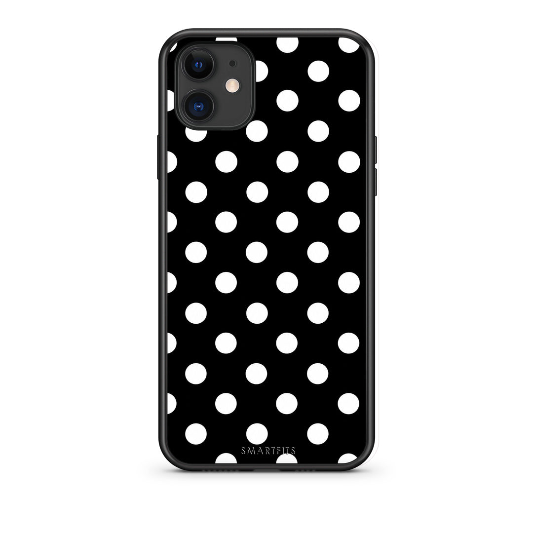 Θήκη iPhone 11 White Polka Dots on Black από τη Smartfits με σχέδιο στο πίσω μέρος και μαύρο περίβλημα | iPhone 11 White Polka Dots on Black case with colorful back and black bezels