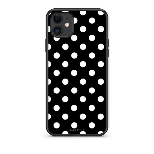 Θήκη iPhone 11 White Polka Dots on Black από τη Smartfits με σχέδιο στο πίσω μέρος και μαύρο περίβλημα | iPhone 11 White Polka Dots on Black case with colorful back and black bezels