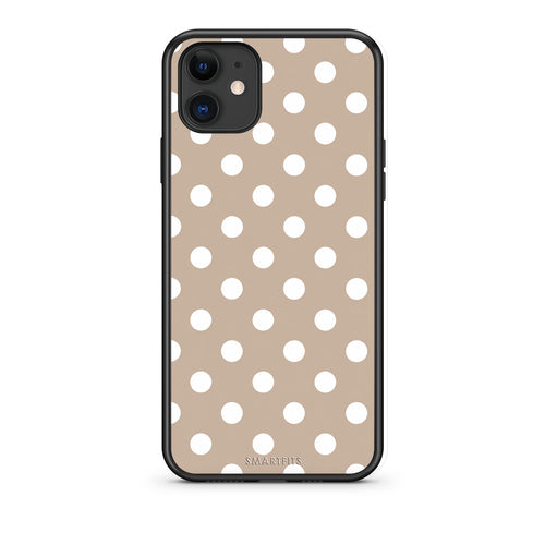 Θήκη iPhone 11 White Polka Dots on Taupe από τη Smartfits με σχέδιο στο πίσω μέρος και μαύρο περίβλημα | iPhone 11 White Polka Dots on Taupe case with colorful back and black bezels
