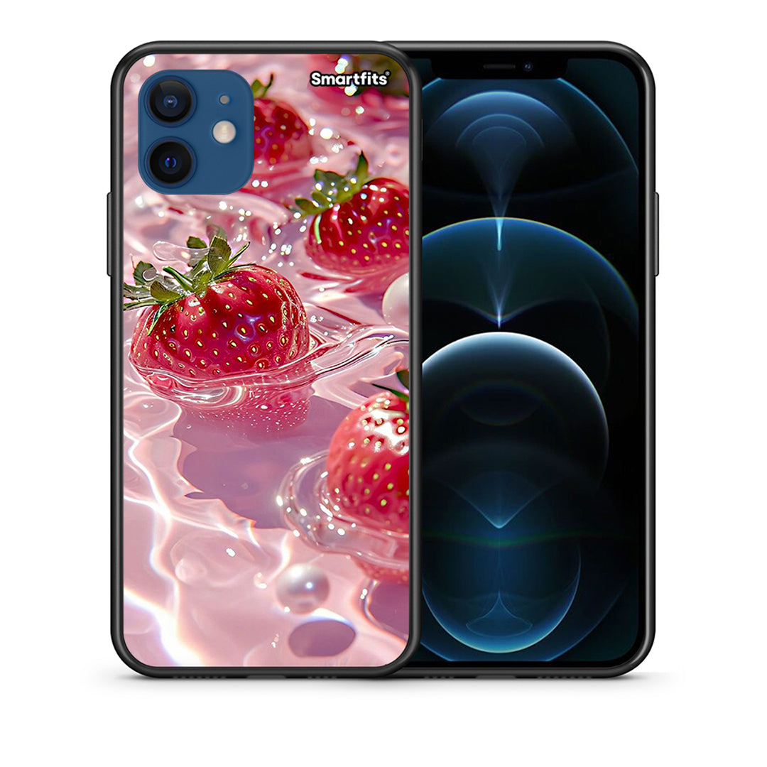 Θήκη iPhone 12 Juicy Strawberries από τη Smartfits με σχέδιο στο πίσω μέρος και μαύρο περίβλημα | iPhone 12 Juicy Strawberries case with colorful back and black bezels