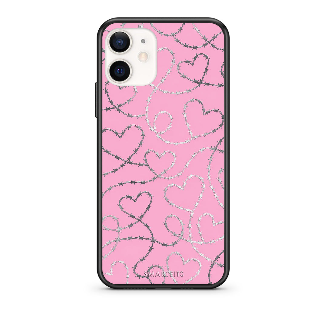 Θήκη iPhone 12 Mini Barbed Wire Hearts on Pink από τη Smartfits με σχέδιο στο πίσω μέρος και μαύρο περίβλημα | iPhone 12 Mini Barbed Wire Hearts on Pink case with colorful back and black bezels