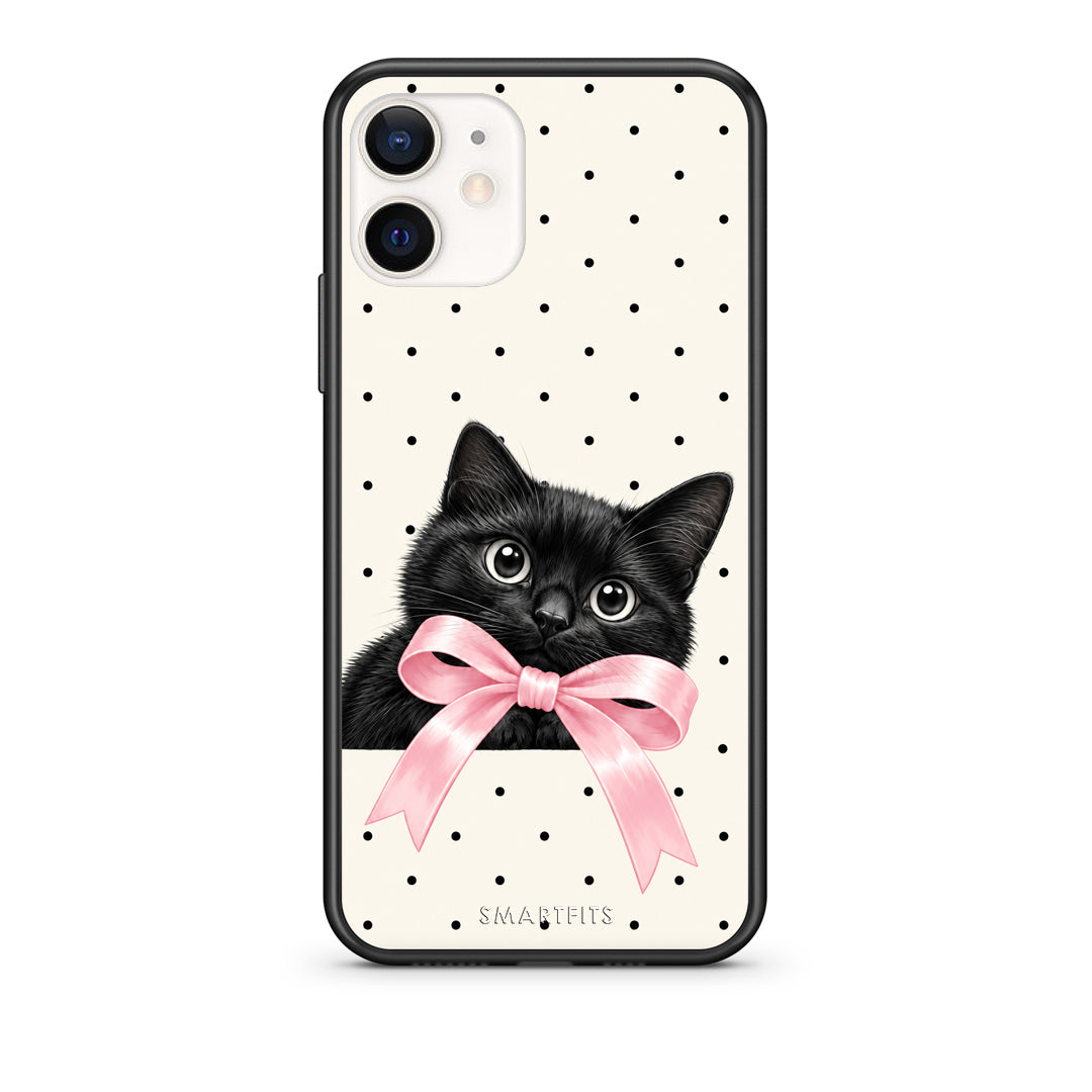 Θήκη iPhone 12 Mini Black Kitten Pink Bow and Polka Dots από τη Smartfits με σχέδιο στο πίσω μέρος και μαύρο περίβλημα | iPhone 12 Mini Black Kitten Pink Bow and Polka Dots case with colorful back and black bezels