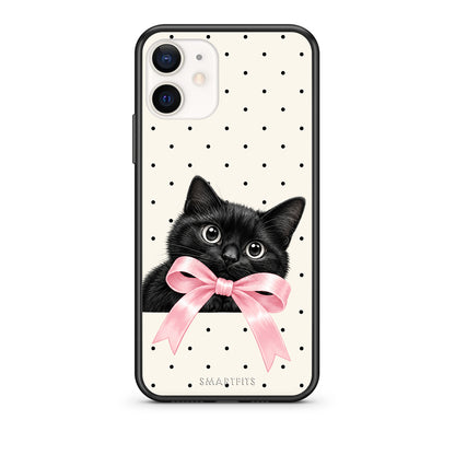 Θήκη iPhone 12 Mini Black Kitten Pink Bow and Polka Dots από τη Smartfits με σχέδιο στο πίσω μέρος και μαύρο περίβλημα | iPhone 12 Mini Black Kitten Pink Bow and Polka Dots case with colorful back and black bezels