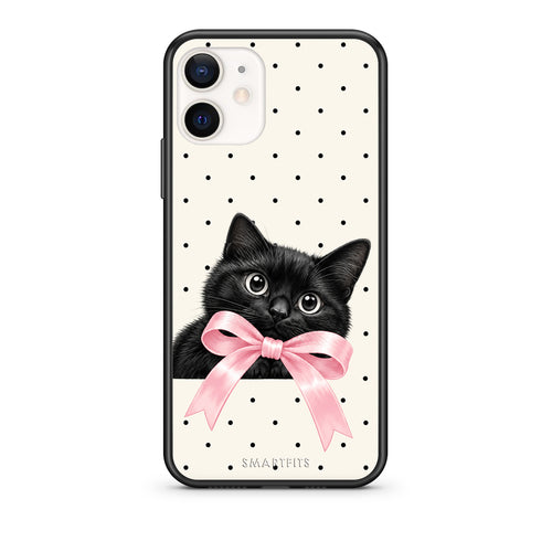 Θήκη iPhone 12 Mini Black Kitten Pink Bow and Polka Dots από τη Smartfits με σχέδιο στο πίσω μέρος και μαύρο περίβλημα | iPhone 12 Mini Black Kitten Pink Bow and Polka Dots case with colorful back and black bezels