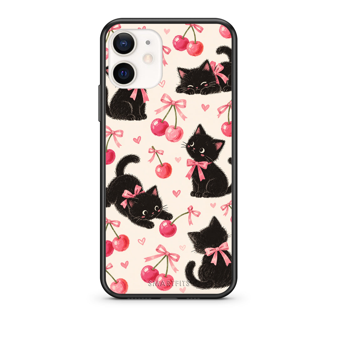 Θήκη iPhone 12 Mini Black Kittens and Cherries on Cream από τη Smartfits με σχέδιο στο πίσω μέρος και μαύρο περίβλημα | iPhone 12 Mini Black Kittens and Cherries on Cream case with colorful back and black bezels