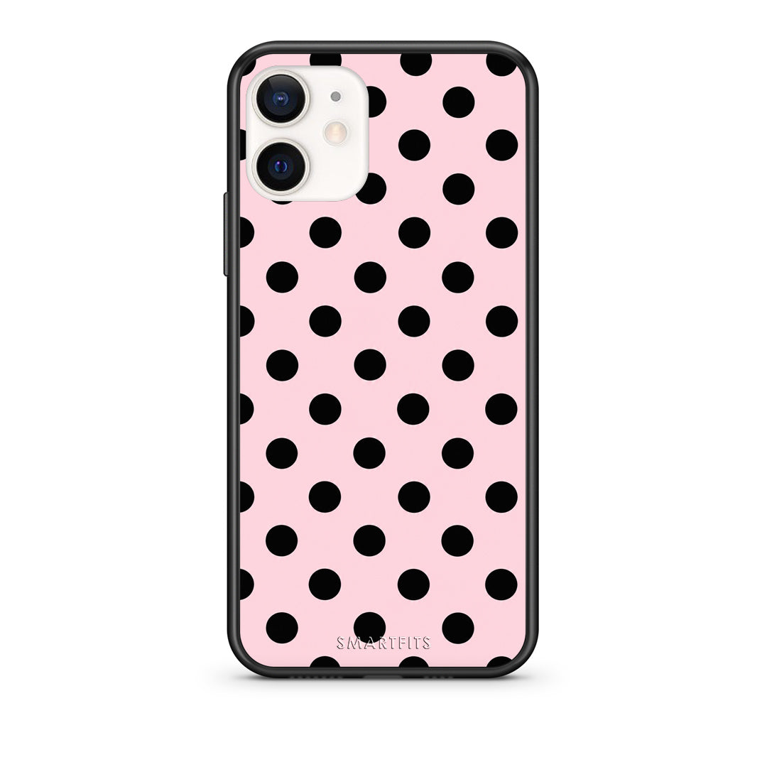 Θήκη iPhone 12 Mini Black Polka Dots on Pink από τη Smartfits με σχέδιο στο πίσω μέρος και μαύρο περίβλημα | iPhone 12 Mini Black Polka Dots on Pink case with colorful back and black bezels