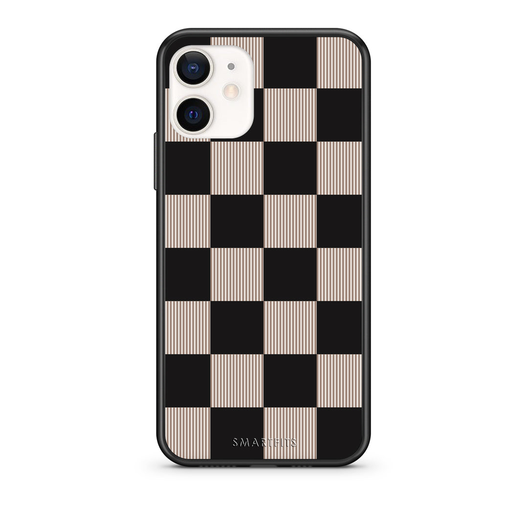 Θήκη iPhone 12 Mini Black and Taupe Striped Checks από τη Smartfits με σχέδιο στο πίσω μέρος και μαύρο περίβλημα | iPhone 12 Mini Black and Taupe Striped Checks case with colorful back and black bezels