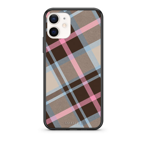 Θήκη iPhone 12 Mini Brown Pink and Blue Diagonal Plaid από τη Smartfits με σχέδιο στο πίσω μέρος και μαύρο περίβλημα | iPhone 12 Mini Brown Pink and Blue Diagonal Plaid case with colorful back and black bezels