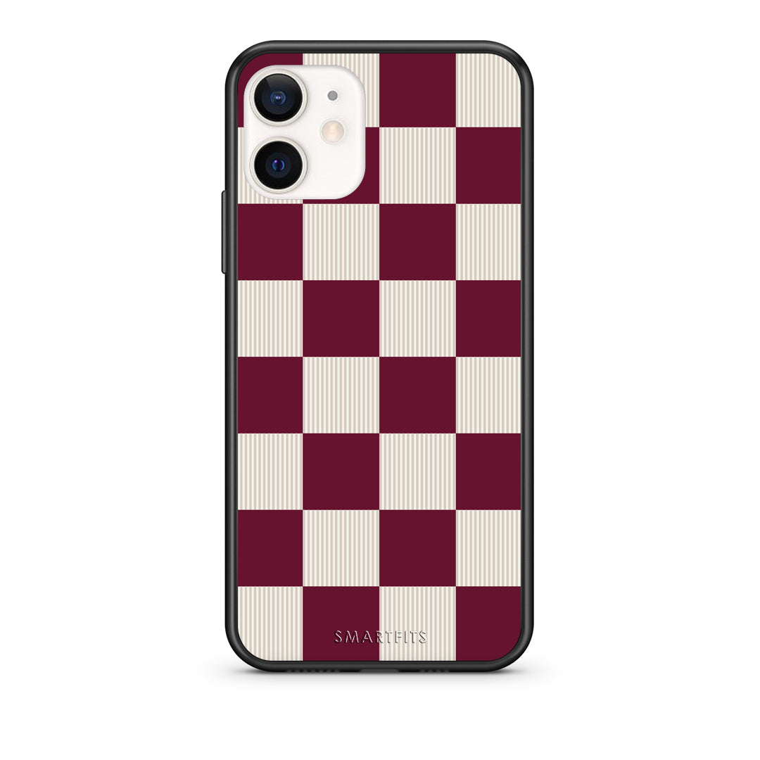 Θήκη iPhone 12 Mini Burgundy and Cream Striped Checks από τη Smartfits με σχέδιο στο πίσω μέρος και μαύρο περίβλημα | iPhone 12 Mini Burgundy and Cream Striped Checks case with colorful back and black bezels