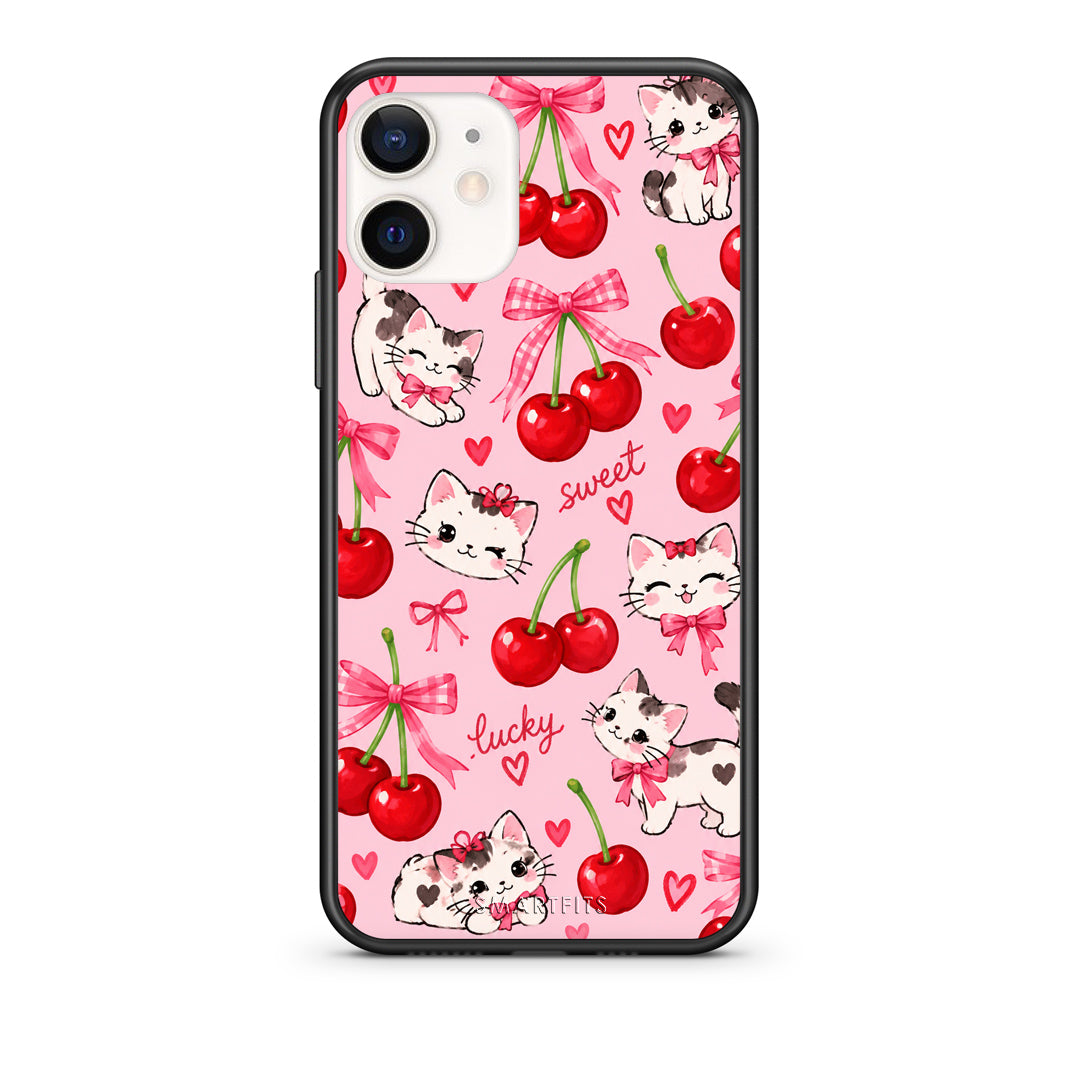 Θήκη iPhone 12 Mini Cherries Bows and Kittens on Pink από τη Smartfits με σχέδιο στο πίσω μέρος και μαύρο περίβλημα | iPhone 12 Mini Cherries Bows and Kittens on Pink case with colorful back and black bezels