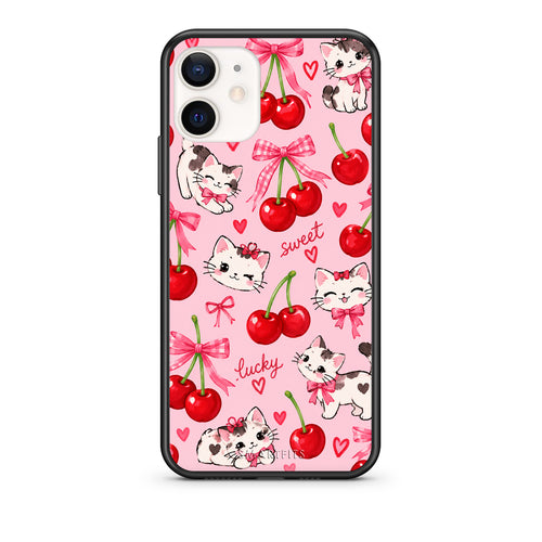 Θήκη iPhone 12 Mini Cherries Bows and Kittens on Pink από τη Smartfits με σχέδιο στο πίσω μέρος και μαύρο περίβλημα | iPhone 12 Mini Cherries Bows and Kittens on Pink case with colorful back and black bezels