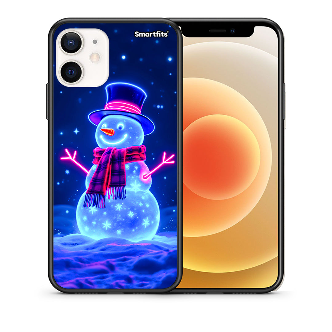 Θήκη iPhone 12 Mini Christmas Neon Snowman από τη Smartfits με σχέδιο στο πίσω μέρος και μαύρο περίβλημα | iPhone 12 Mini Christmas Neon Snowman case with colorful back and black bezels