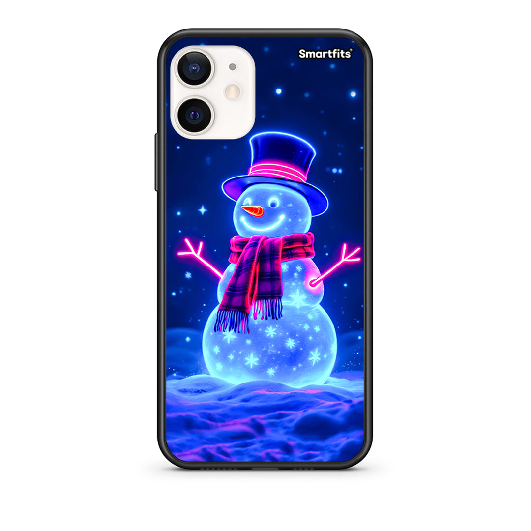 Θήκη iPhone 12 Mini Christmas Neon Snowman από τη Smartfits με σχέδιο στο πίσω μέρος και μαύρο περίβλημα | iPhone 12 Mini Christmas Neon Snowman case with colorful back and black bezels