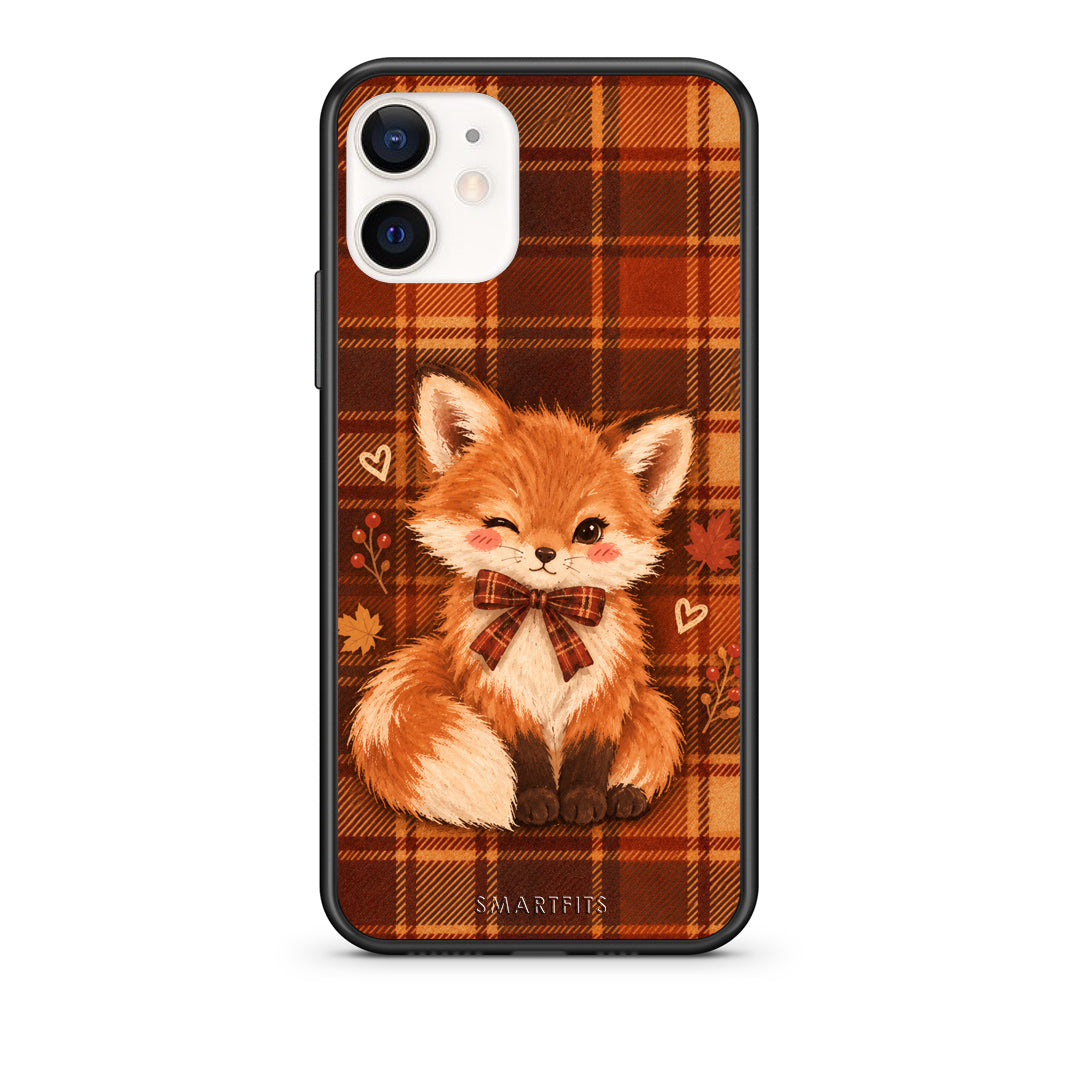 Θήκη iPhone 12 Mini Fox on Autumn Tartan από τη Smartfits με σχέδιο στο πίσω μέρος και μαύρο περίβλημα | iPhone 12 Mini Fox on Autumn Tartan case with colorful back and black bezels