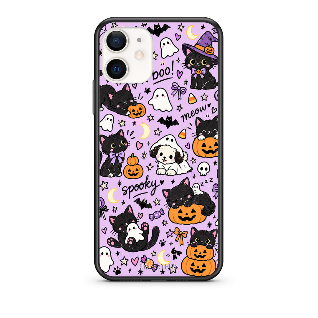 Θήκη iPhone 12 Mini Halloween Black Cats on Lilac από τη Smartfits με σχέδιο στο πίσω μέρος και μαύρο περίβλημα | iPhone 12 Mini Halloween Black Cats on Lilac case with colorful back and black bezels