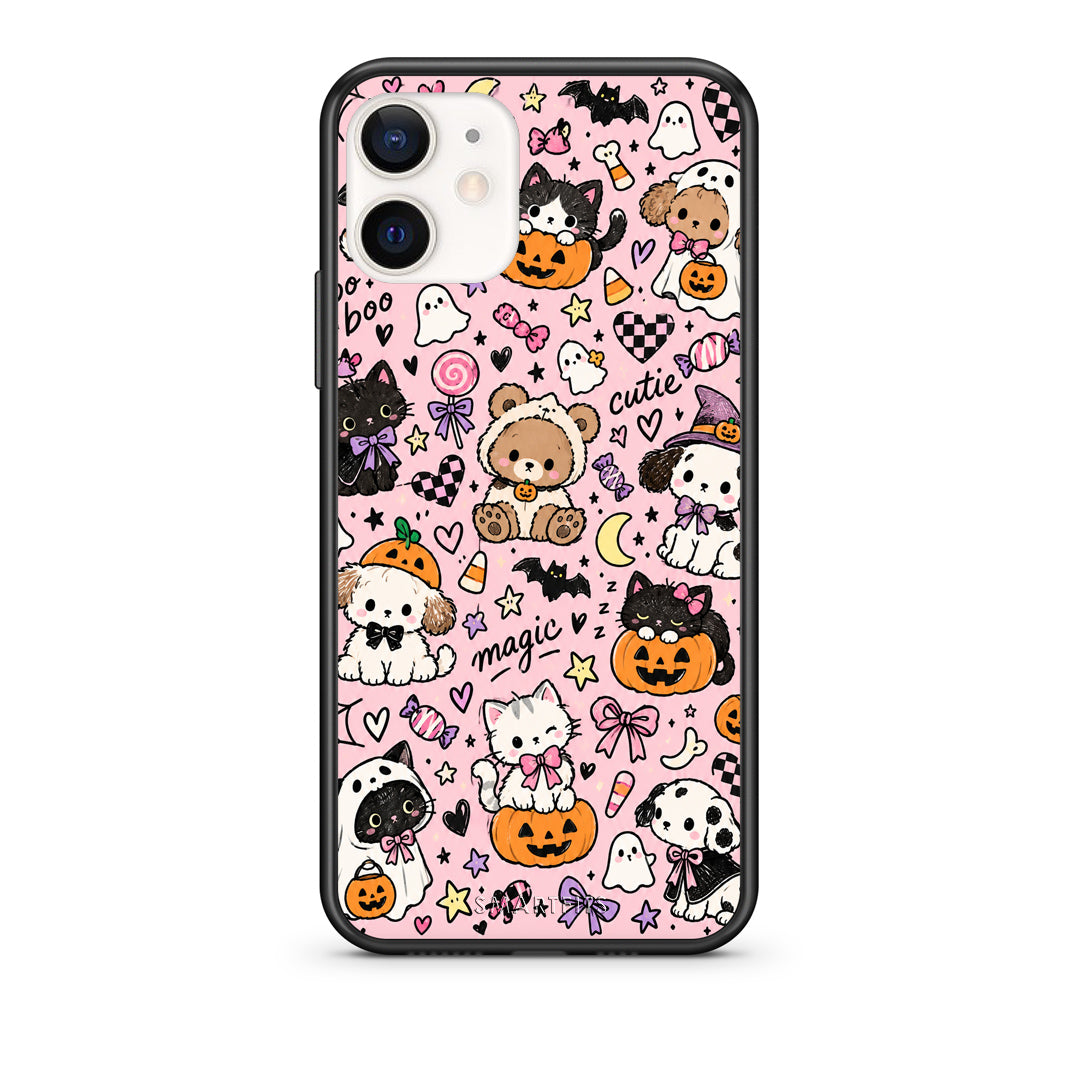 Θήκη iPhone 12 Mini Halloween Cute Animals on Pink από τη Smartfits με σχέδιο στο πίσω μέρος και μαύρο περίβλημα | iPhone 12 Mini Halloween Cute Animals on Pink case with colorful back and black bezels