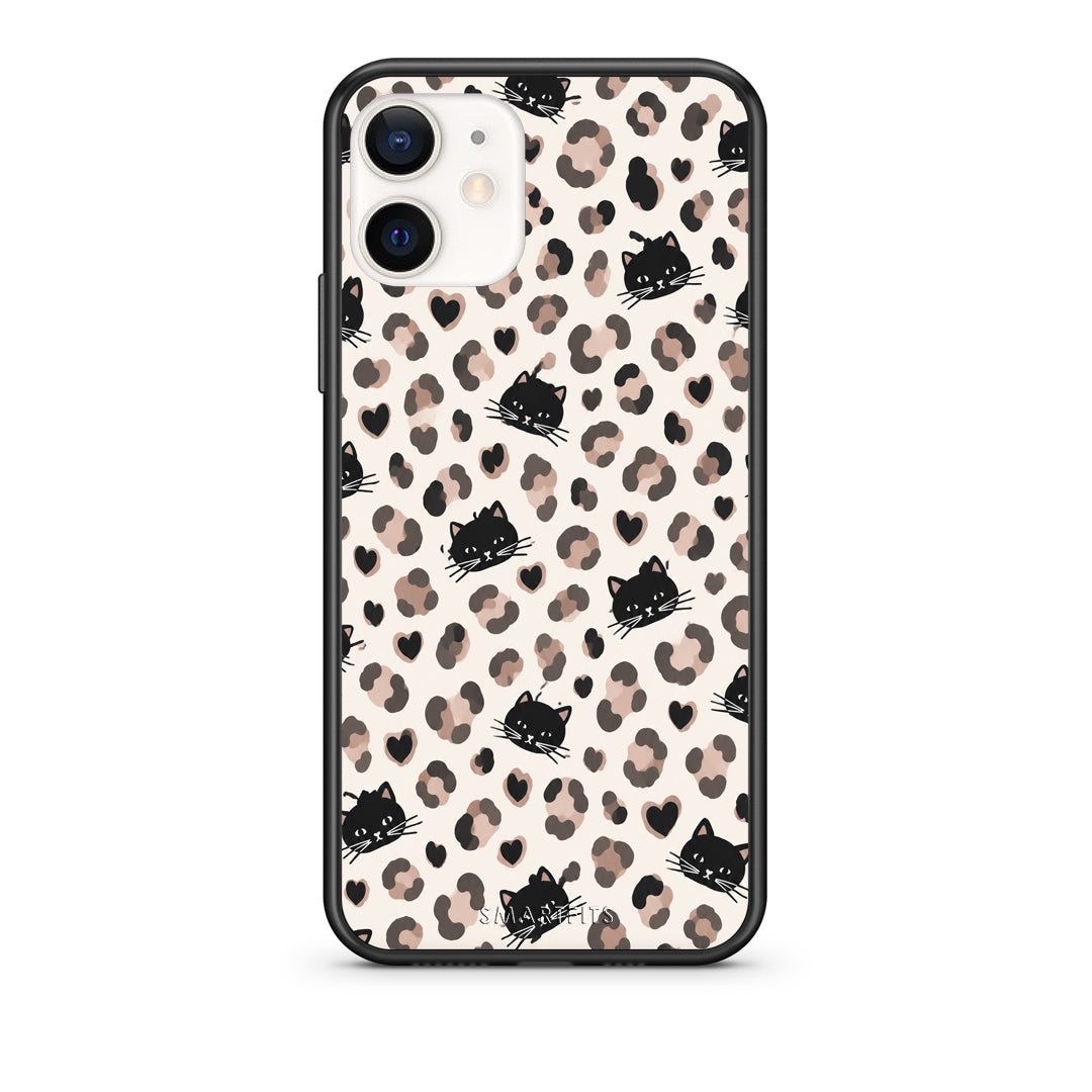 Θήκη iPhone 12 Mini Leopard Spots and Black Cats on Cream από τη Smartfits με σχέδιο στο πίσω μέρος και μαύρο περίβλημα | iPhone 12 Mini Leopard Spots and Black Cats on Cream case with colorful back and black bezels