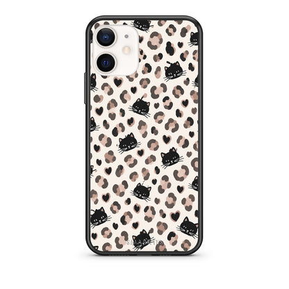 Θήκη iPhone 12 Mini Leopard Spots and Black Cats on Cream από τη Smartfits με σχέδιο στο πίσω μέρος και μαύρο περίβλημα | iPhone 12 Mini Leopard Spots and Black Cats on Cream case with colorful back and black bezels