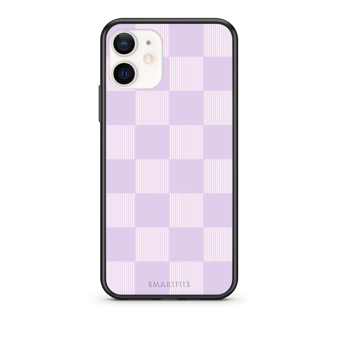 Θήκη iPhone 12 Mini Lilac and Cream Striped Checks από τη Smartfits με σχέδιο στο πίσω μέρος και μαύρο περίβλημα | iPhone 12 Mini Lilac and Cream Striped Checks case with colorful back and black bezels