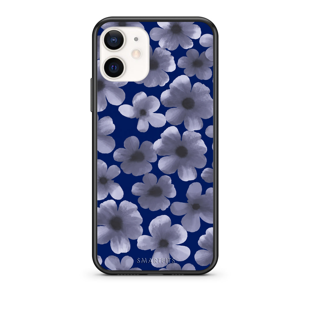 Θήκη iPhone 12 Mini Pale Blue Flowers on Navy από τη Smartfits με σχέδιο στο πίσω μέρος και μαύρο περίβλημα | iPhone 12 Mini Pale Blue Flowers on Navy case with colorful back and black bezels