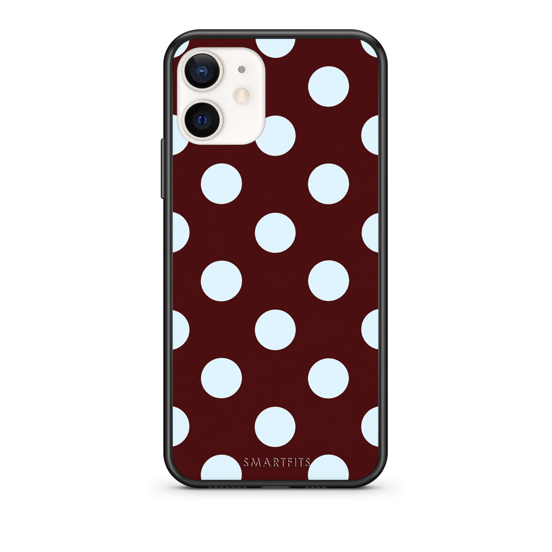 Θήκη iPhone 12 Mini Pale Blue Large Polka Dots on Burgundy από τη Smartfits με σχέδιο στο πίσω μέρος και μαύρο περίβλημα | iPhone 12 Mini Pale Blue Large Polka Dots on Burgundy case with colorful back and black bezels