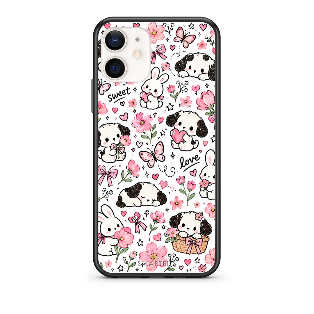 Θήκη iPhone 12 Mini Pink Florals Puppies and Bunnies on White από τη Smartfits με σχέδιο στο πίσω μέρος και μαύρο περίβλημα | iPhone 12 Mini Pink Florals Puppies and Bunnies on White case with colorful back and black bezels
