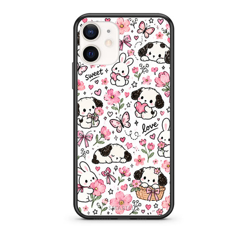 Θήκη iPhone 12 Mini Pink Florals Puppies and Bunnies on White από τη Smartfits με σχέδιο στο πίσω μέρος και μαύρο περίβλημα | iPhone 12 Mini Pink Florals Puppies and Bunnies on White case with colorful back and black bezels