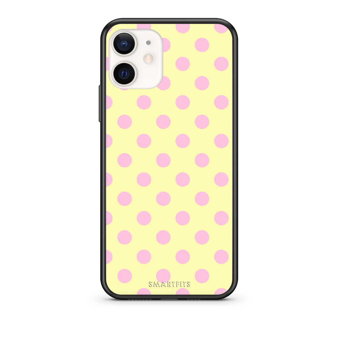 Θήκη iPhone 12 Mini Pink Polka Dots on Yellow από τη Smartfits με σχέδιο στο πίσω μέρος και μαύρο περίβλημα | iPhone 12 Mini Pink Polka Dots on Yellow case with colorful back and black bezels