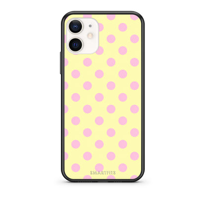 Θήκη iPhone 12 Mini Pink Polka Dots on Yellow από τη Smartfits με σχέδιο στο πίσω μέρος και μαύρο περίβλημα | iPhone 12 Mini Pink Polka Dots on Yellow case with colorful back and black bezels