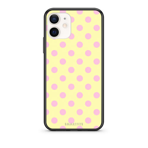 Θήκη iPhone 12 Mini Pink Polka Dots on Yellow από τη Smartfits με σχέδιο στο πίσω μέρος και μαύρο περίβλημα | iPhone 12 Mini Pink Polka Dots on Yellow case with colorful back and black bezels