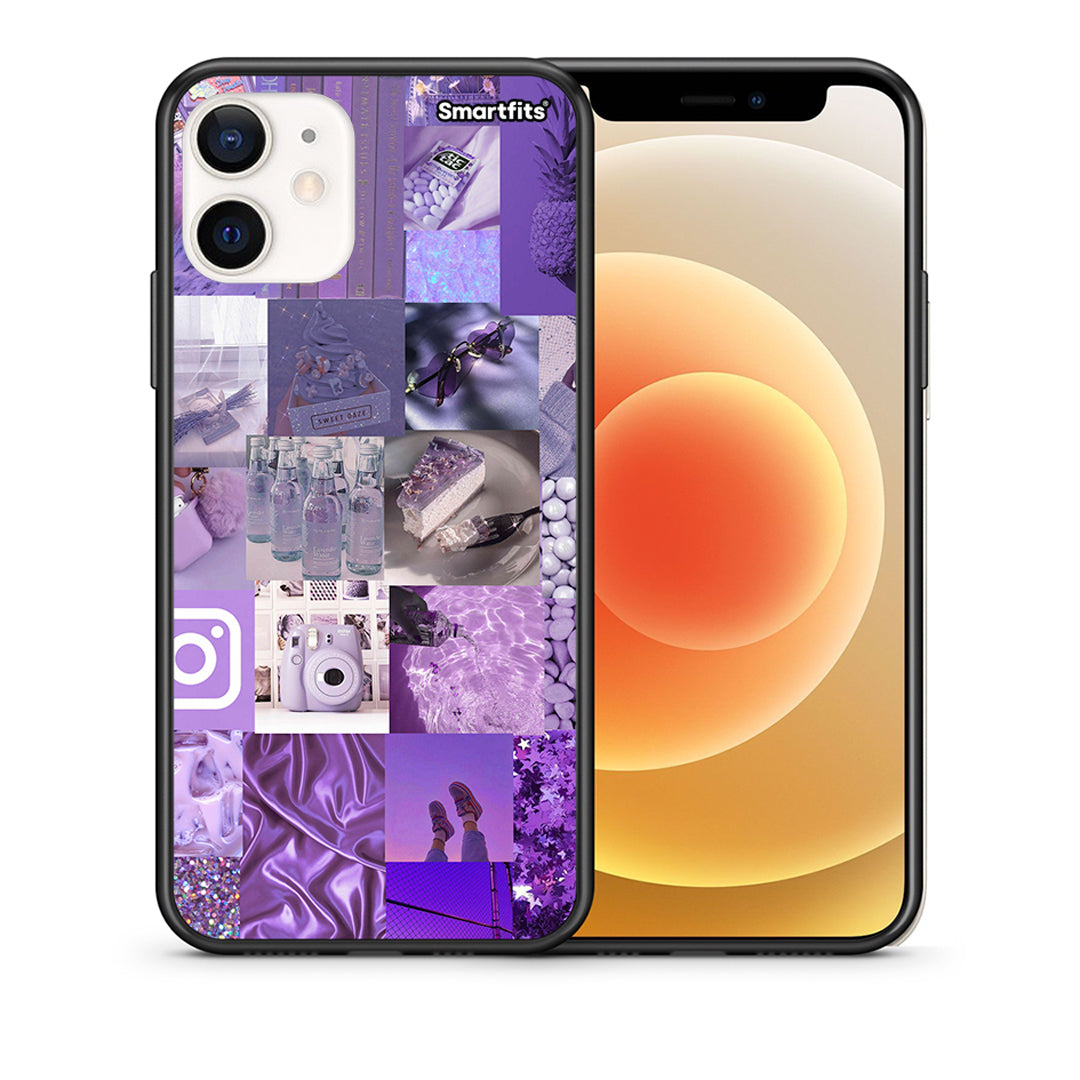 Θήκη iPhone 12 Mini Purple Aesthetic Collage από τη Smartfits με σχέδιο στο πίσω μέρος και μαύρο περίβλημα | iPhone 12 Mini Purple Aesthetic Collage case with colorful back and black bezels