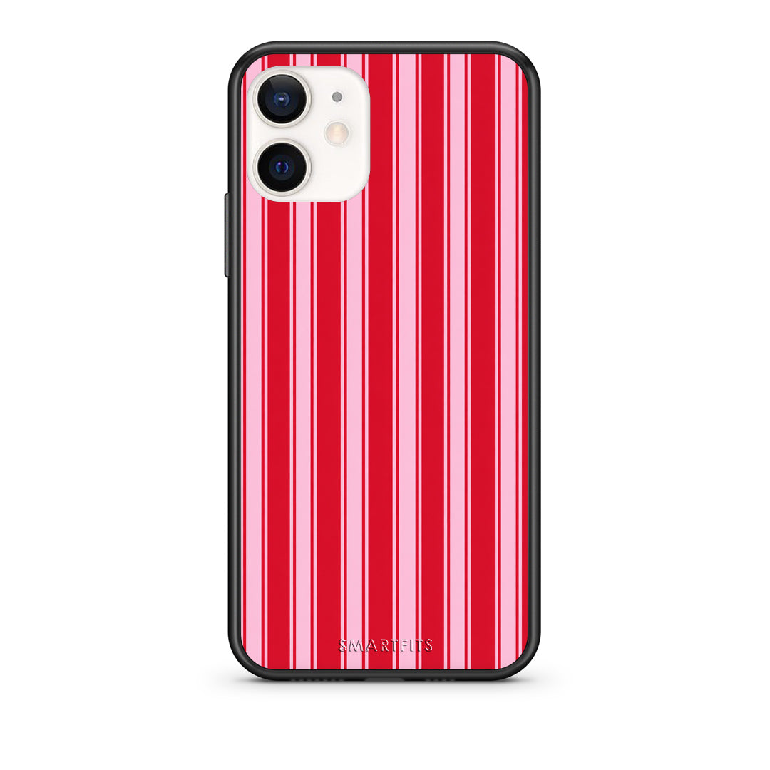 Θήκη iPhone 12 Mini Red and Pink Vertical Pinstripes από τη Smartfits με σχέδιο στο πίσω μέρος και μαύρο περίβλημα | iPhone 12 Mini Red and Pink Vertical Pinstripes case with colorful back and black bezels