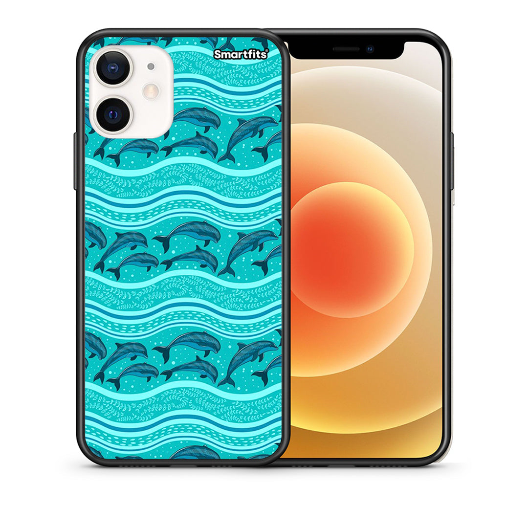 Θήκη iPhone 12 Mini Swimming Dolphins από τη Smartfits με σχέδιο στο πίσω μέρος και μαύρο περίβλημα | iPhone 12 Mini Swimming Dolphins case with colorful back and black bezels